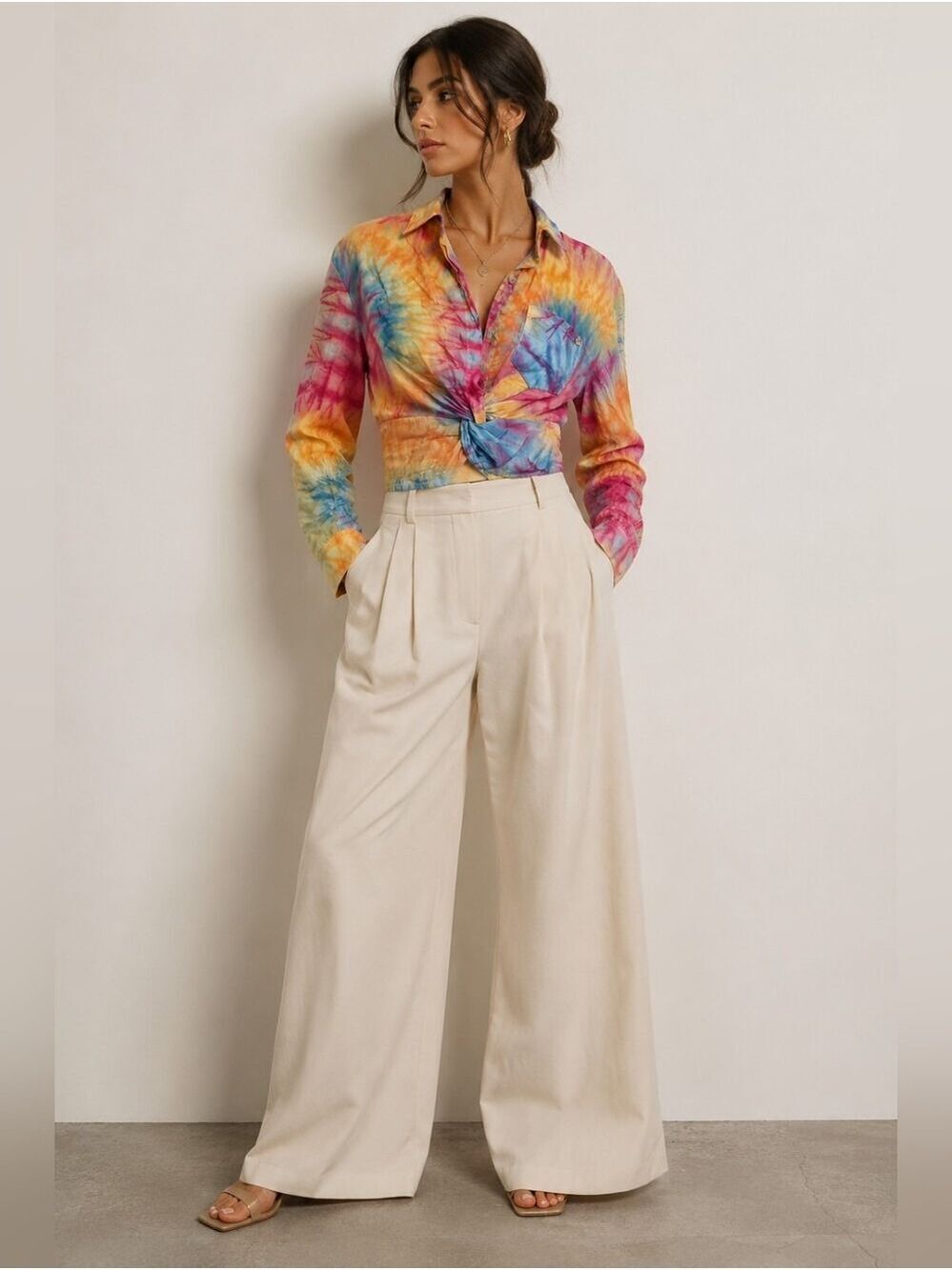 Muy Muy Fancy Tie-Dye Button-Up Cropped Colorful Shirt Size Medium